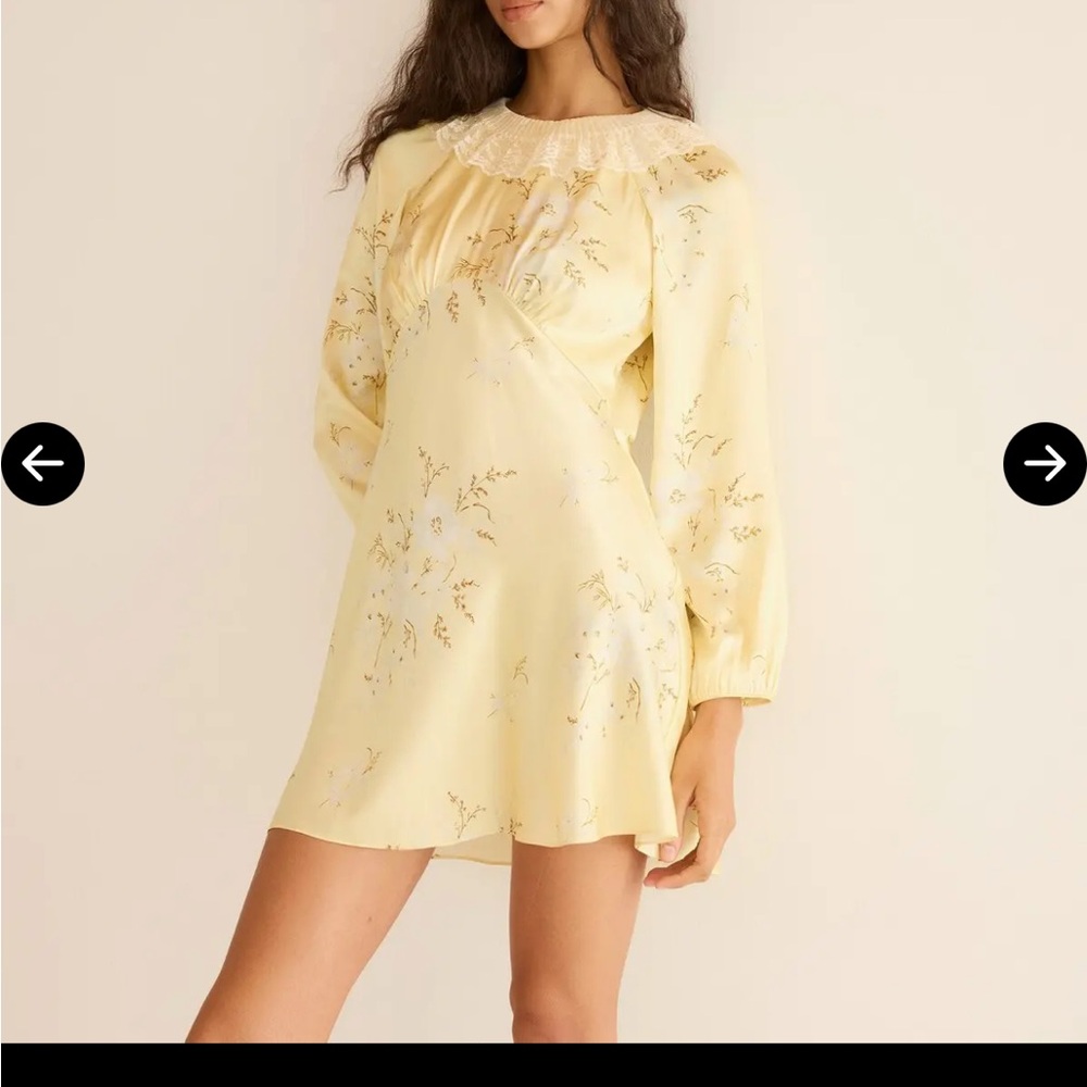 Doen Pale Yellow Floral Mini Dress with Lace Collar
